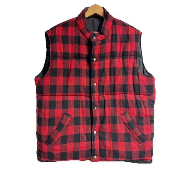 Shelter Bay By Arrow Men Large Reversible Black Puffer / Wool Buffalo Plaid Vest - Picture 2 of 7